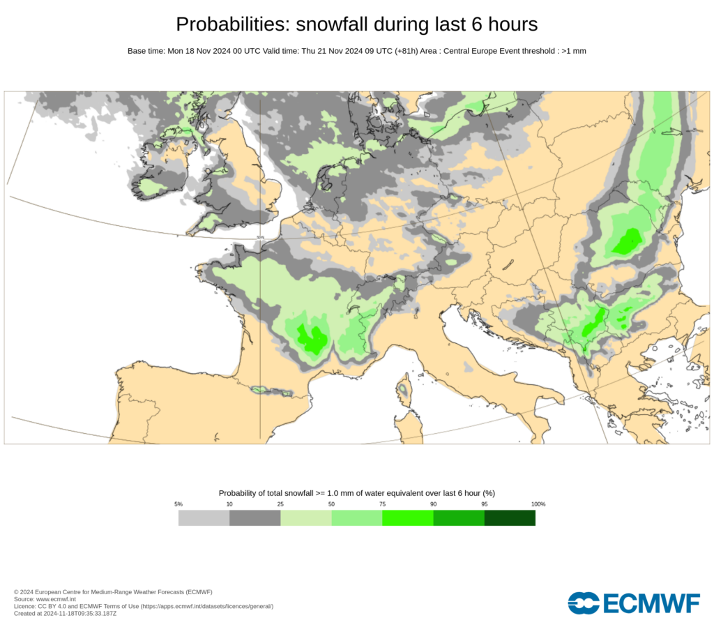 Probabilités de neige dans la matinée du jeudi 21 novembre 2024, sur les 6 dernières heures, par le modèle ECMWF (copyright : ECMWF).