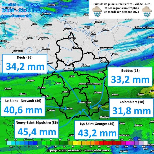 Carte de la pluviométrie régionale au cours de la journée du 1er Octobre