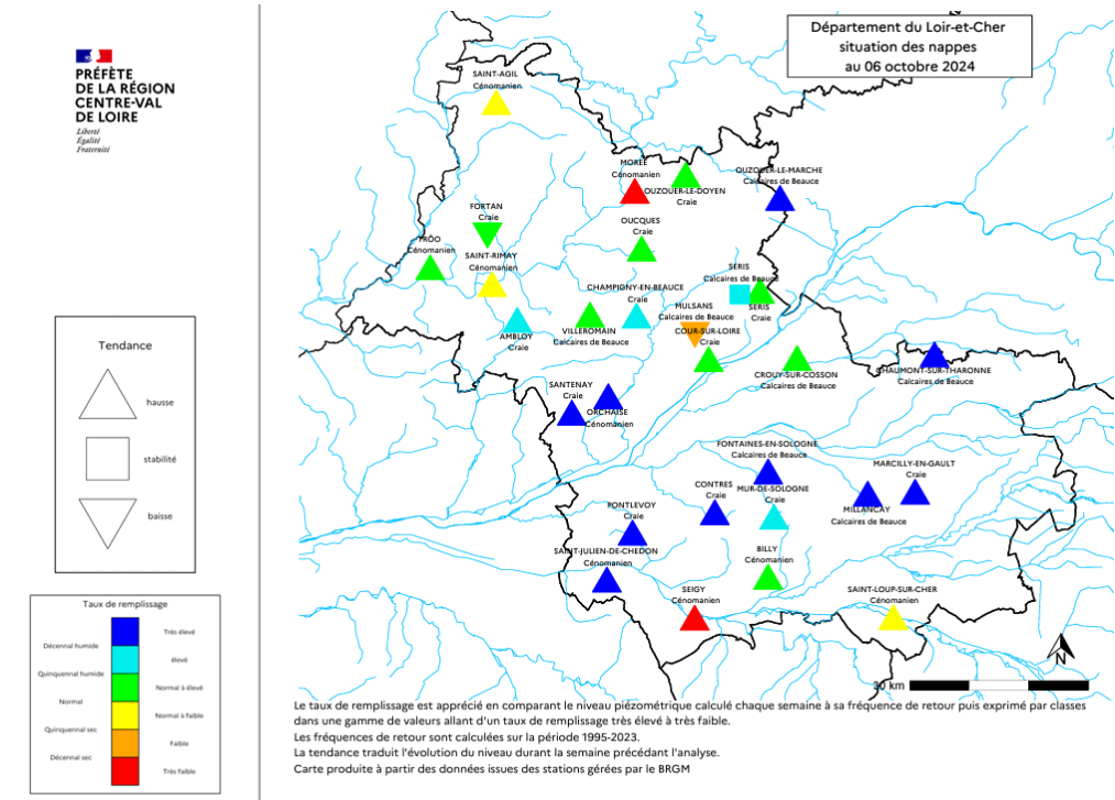 Etats des nappes dans le département du Loir-et-Cher (41) début octobre 2024