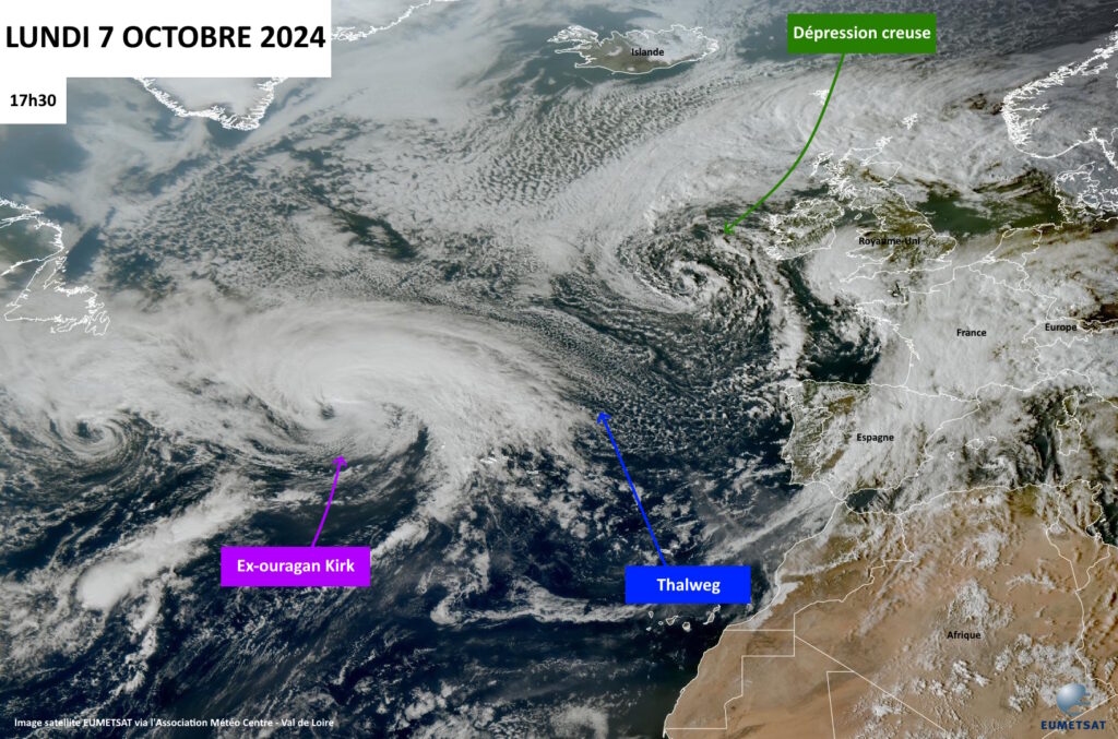 Image satellite de ce dimanche 6 octobre 2024, à 14h20 (copyright : EUMETSAT, carte légendée par l'Association Météo - Centre Val de Loire pour les explications).