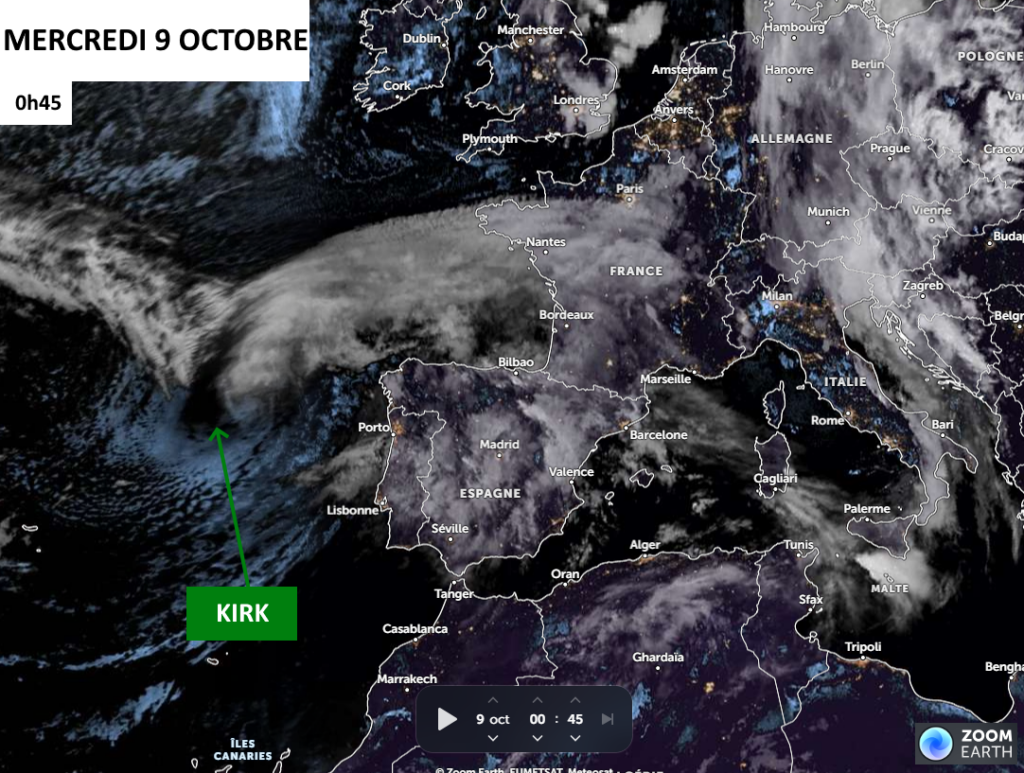 Image satellite du mercredi 9 octobre 2024, à 0h45 (copyright : EUMETSAT, carte légendée par l'Association Météo - Centre Val de Loire pour les explications).