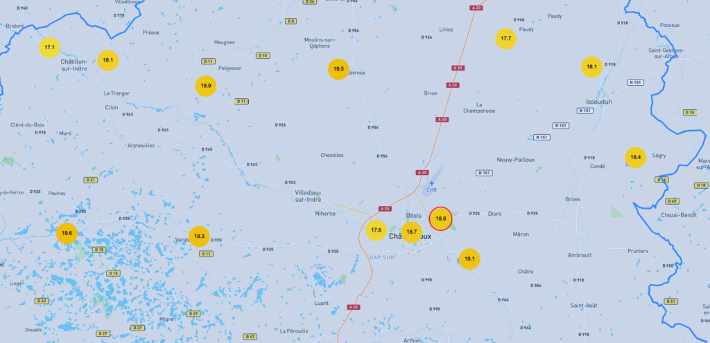 Zoom le centre de l'Indre et sa couverture par le Réseau de Stations de Météo Centre