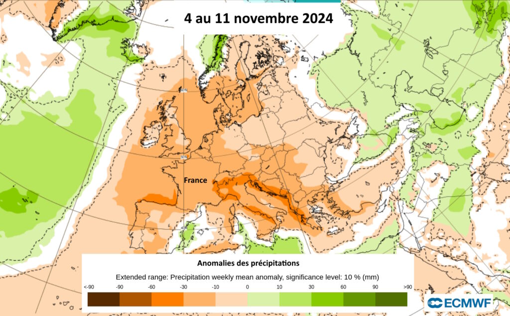 malies des précipitations en Europe, entre les 4 et 11 novembre 2024 (copyright : ECMWF, carte légendée par l'Association Météo Centre - Val de Loire pour les explications).