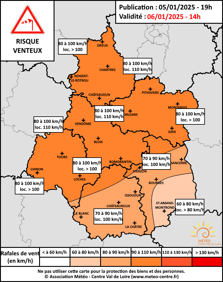 Carte risque venteux du 6 janvier 2025 (copyright : Association Météo Centre - Val de Loire).