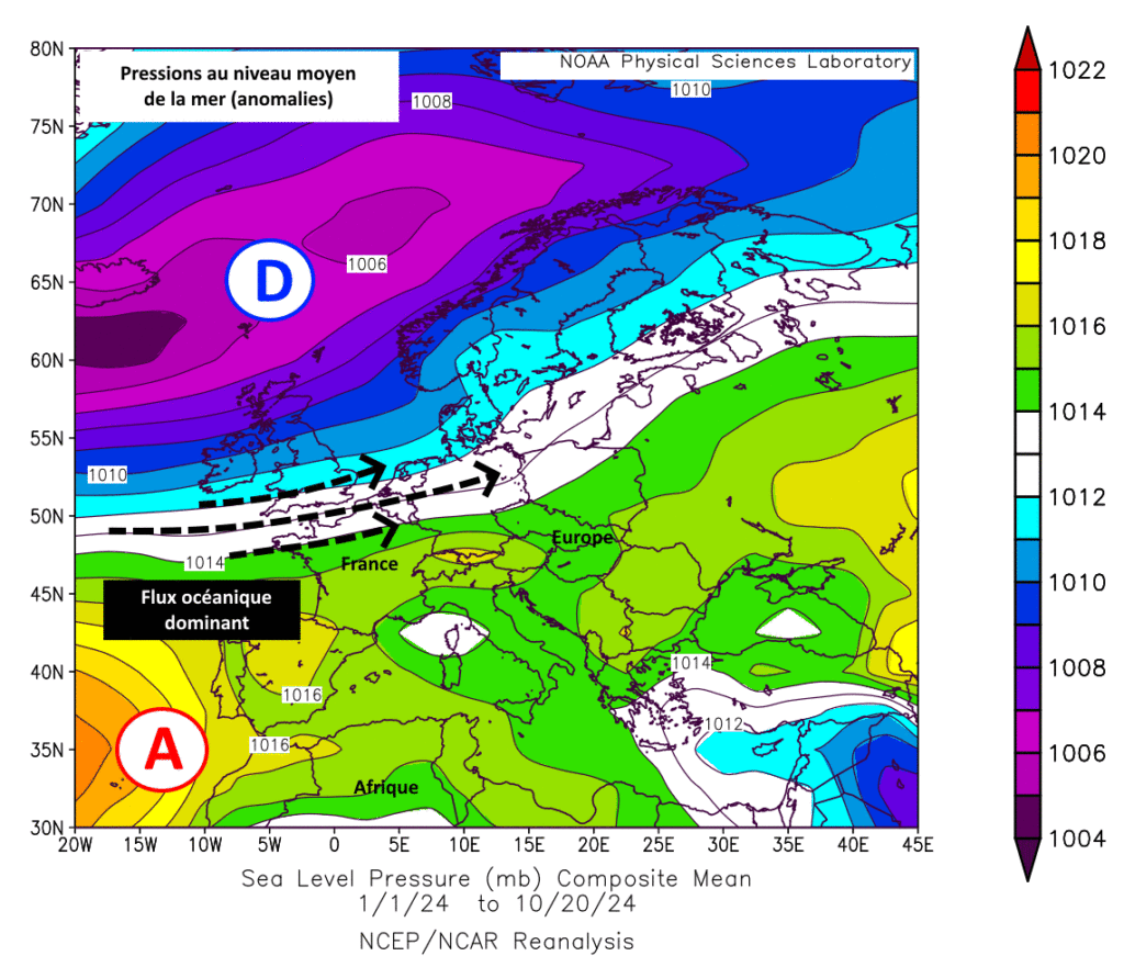 Pression au niveau moyen de la mer (anomalies) du 1er janvier au 20 octobre 2024 (copyright : https://psl.noaa.gov/, carte légendée par l'Association Météo Centre - Val de Loire pour les explications).