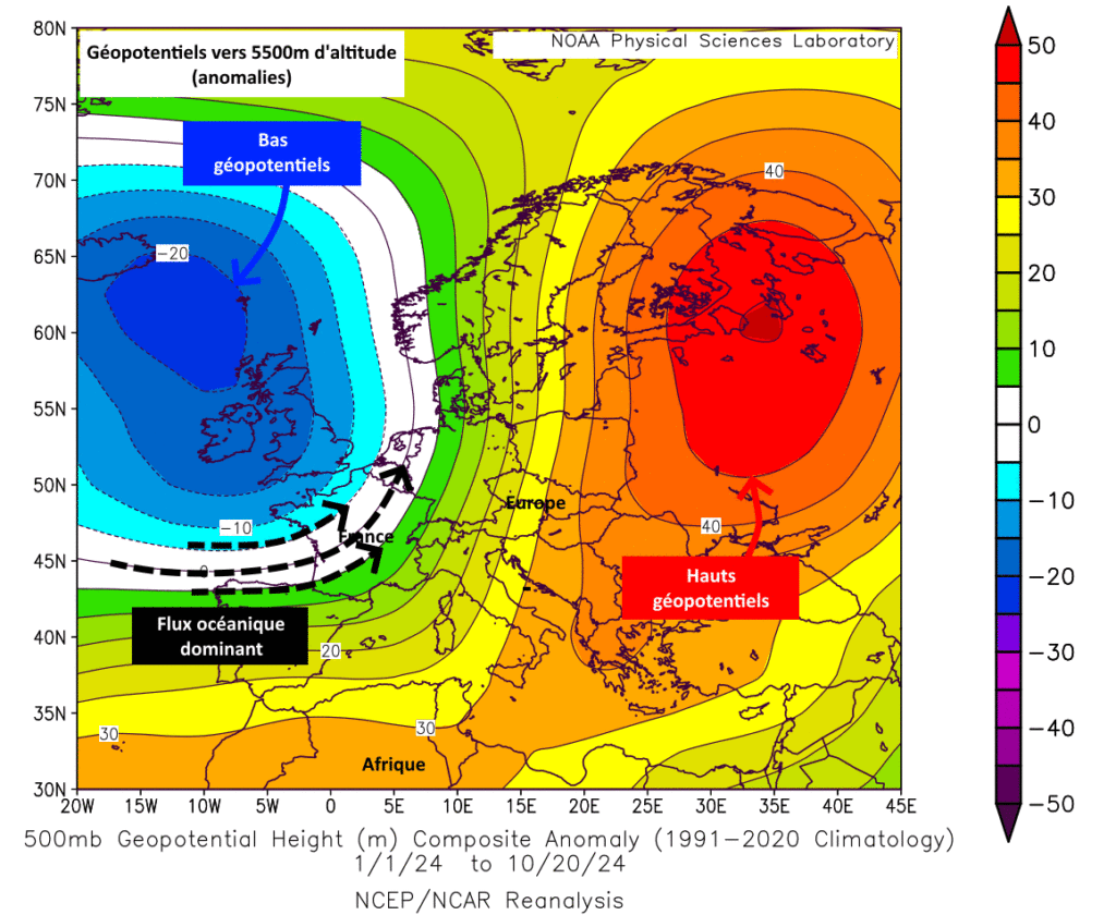 Hauts géopotentiels (anomalies) du 1er janvier au 20 octobre 2024 (copyright : https://psl.noaa.gov/, carte légendée par l'Association Météo Centre - Val de Loire pour les explications).