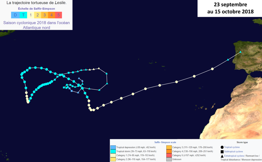 Trajectoire de l'ouragan Leslie en 2018 (copyright : Wikipédia, carte modifiée par l'Association Météo Centre - Val de Loire pour les explications).