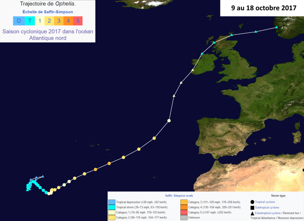 Trajectoire de l'ouragan Ophélia en 2017 (copyright : Wikipédia, carte modifiée par l'Association Météo Centre - Val de Loire pour les explications).