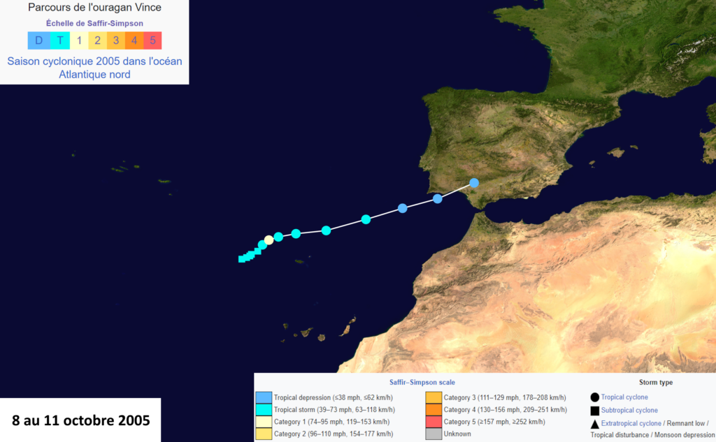 Trajectoire de l'ouragan Vince en 2005 (copyright : Wikipédia, carte modifiée par l'Association Météo Centre - Val de Loire pour les explications).