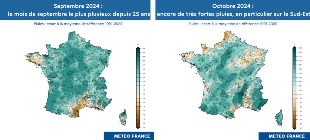 Pluies : écart à la moyenne de référence 1991-2020 en France (copyright : Météo-France). 